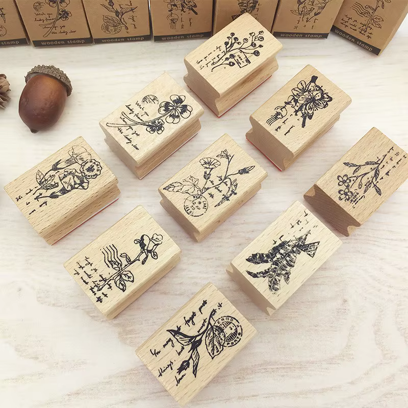 Tampons en bois DIY, motifs plantes et fleurs