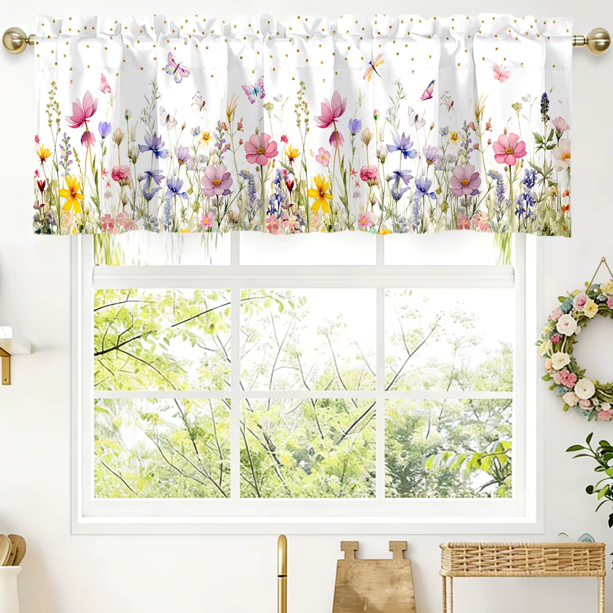 Voilage de fenêtre à motif floral de printemps (tournesol) avec passe-tringle pour salon