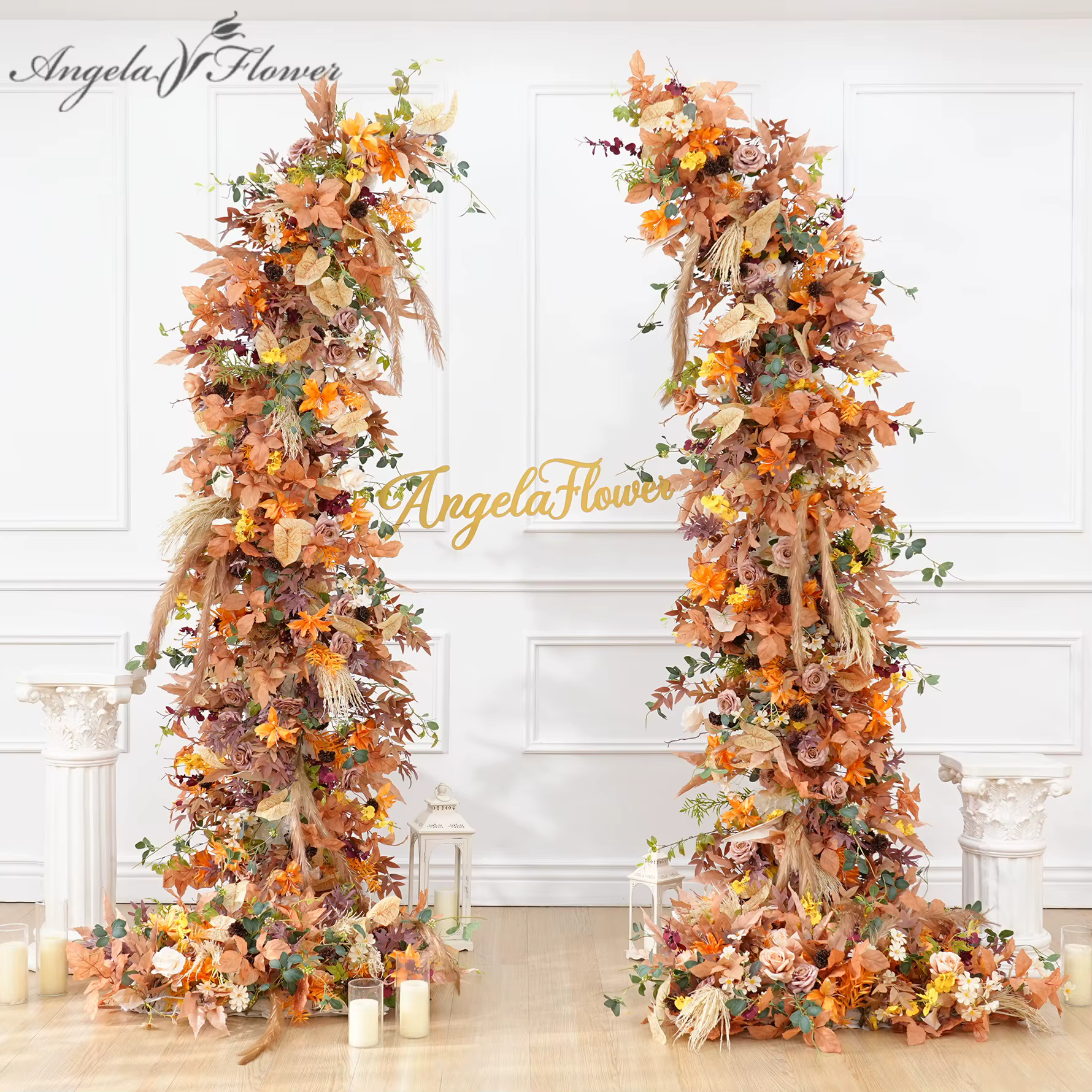A8988 automne Orange Pampas herbe tissu Base Arrangement floral mariage toile de fond corne arc décor événement allée