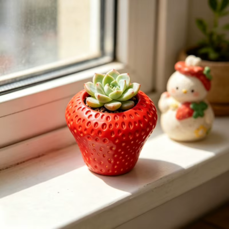 Pot de fleurs en forme de fraise pour rebord de fenêtre
