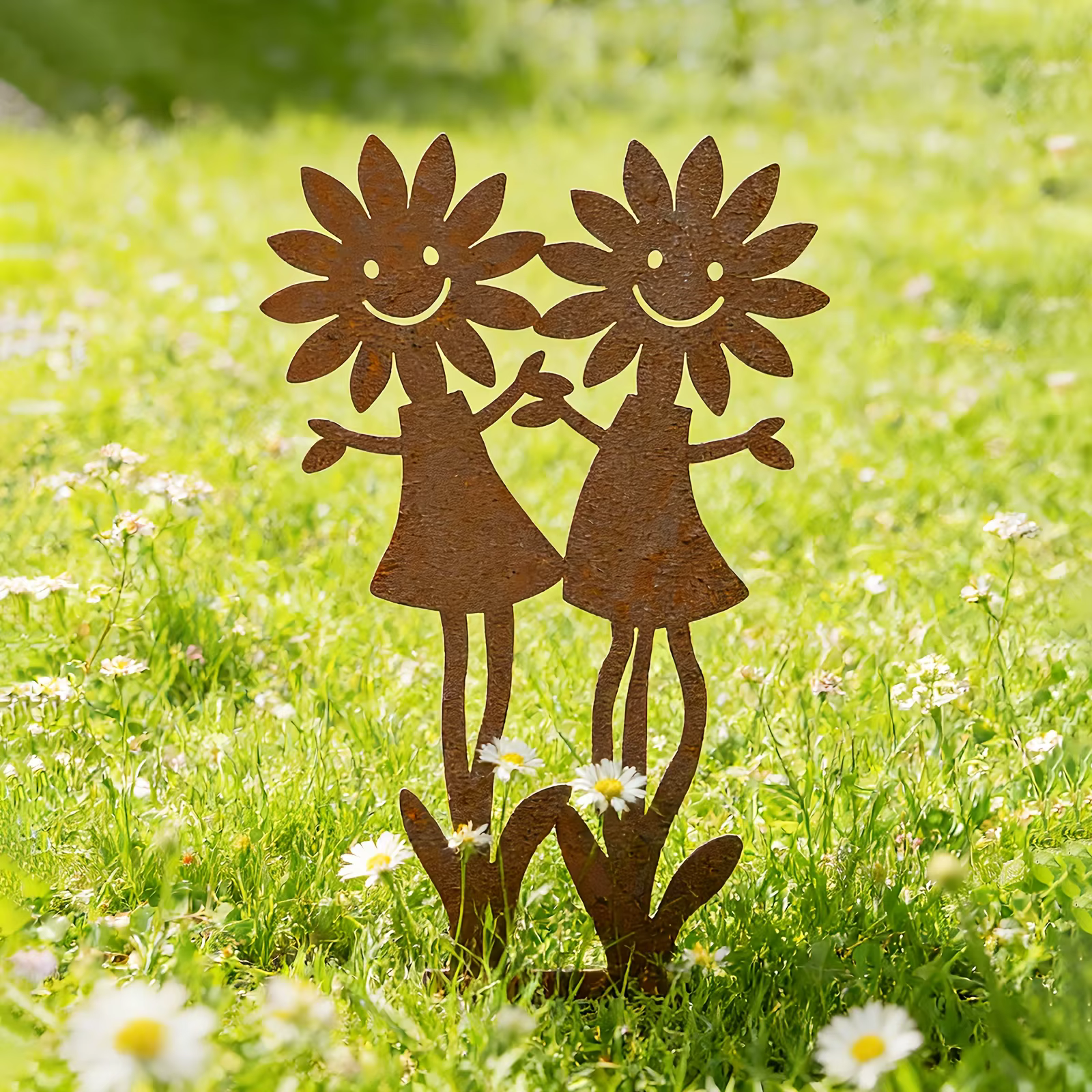 Support double pour fleurs en forme de tournesol vintage rouillé avec visage souriant - Statue décorative amusante pour