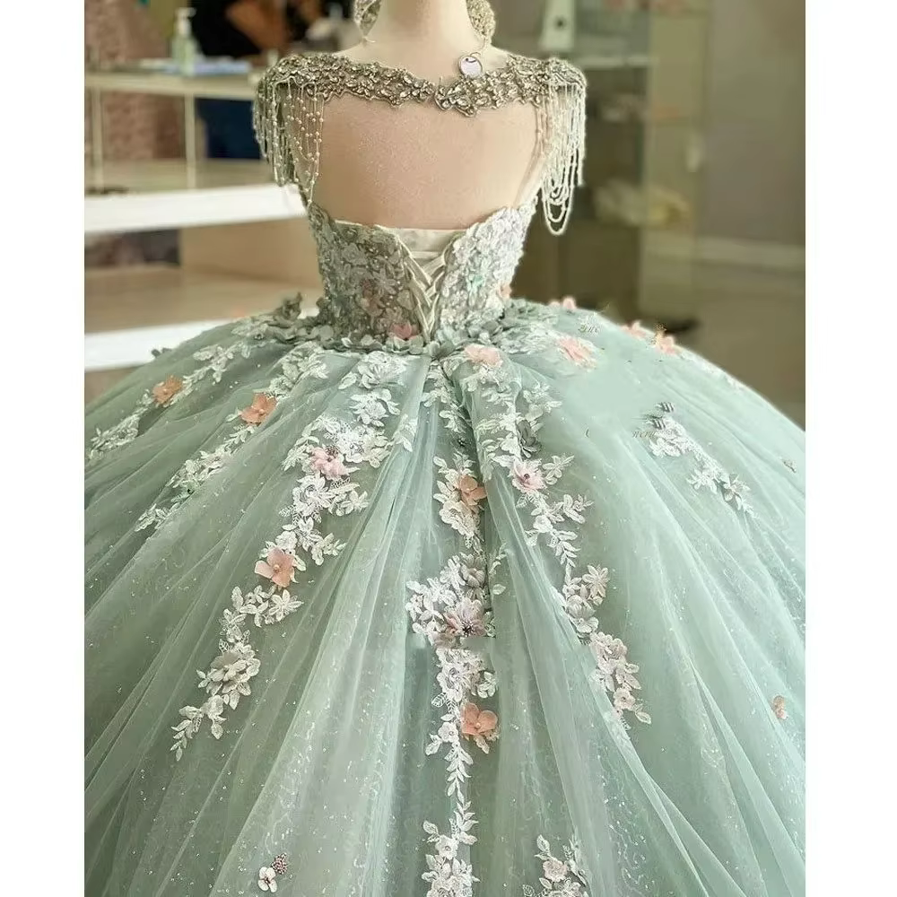 Robe de demoiselle d'honneur verte personnalisée pour mariage, en dentelle, épaules dénudées, appliquée, bouffante, pour fête d'anniversaire d'enfants, première communion