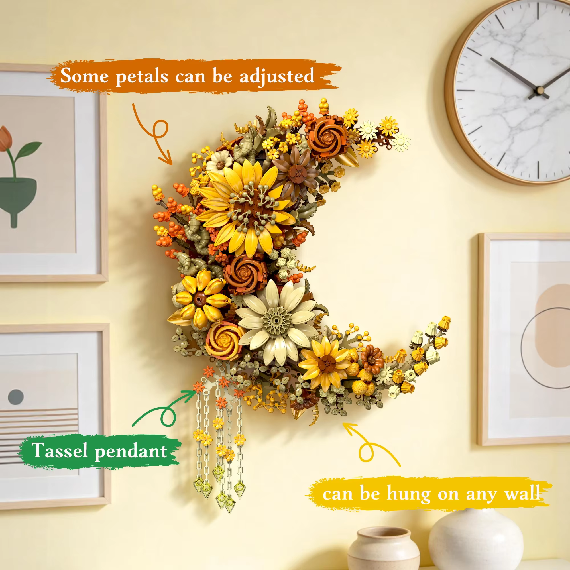 Ensemble de blocs de construction Lune Dorée et Fleurs (939 pièces) – Décoration murale créative