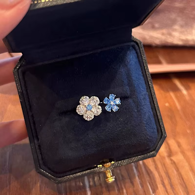 Bague en diamant bleu scintillant pour femmes, Double fleur, à la mode, deux tons, bagues fraîches exquises, bijoux de fête, cadeau