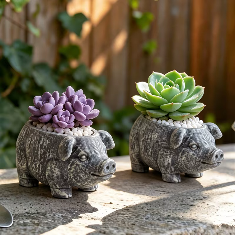 Wabi Sabi Weathered Pig Resin Planter Distressed Animal Succulent Pot for Balcony Patio Rustic Minimalist Garden Accent
