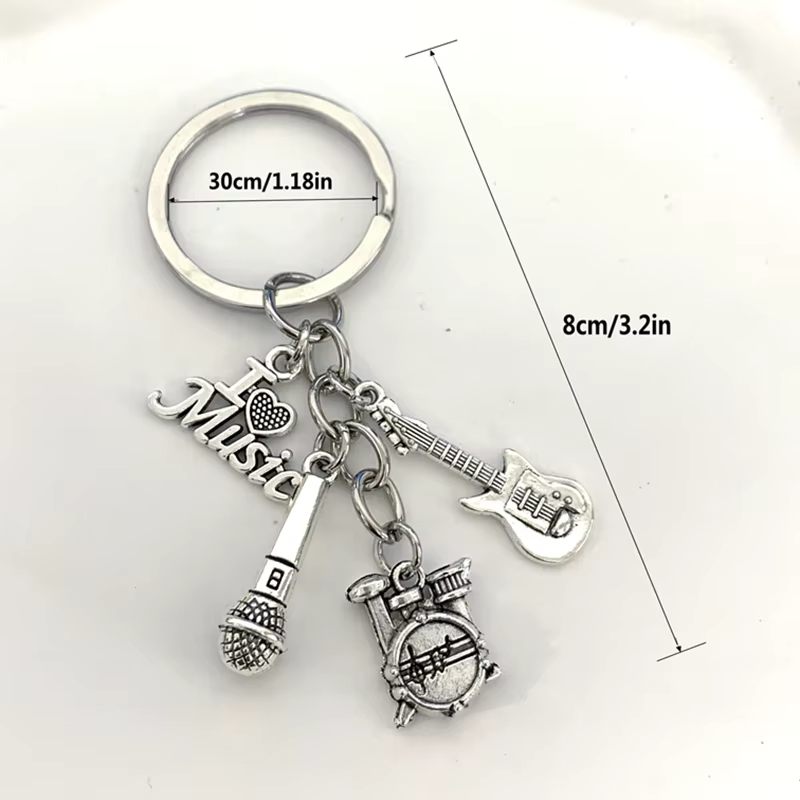 1 pièce de porte-clés en alliage de musique classique, accessoire de décoration de bijoux avec tambour et microphone de guitare