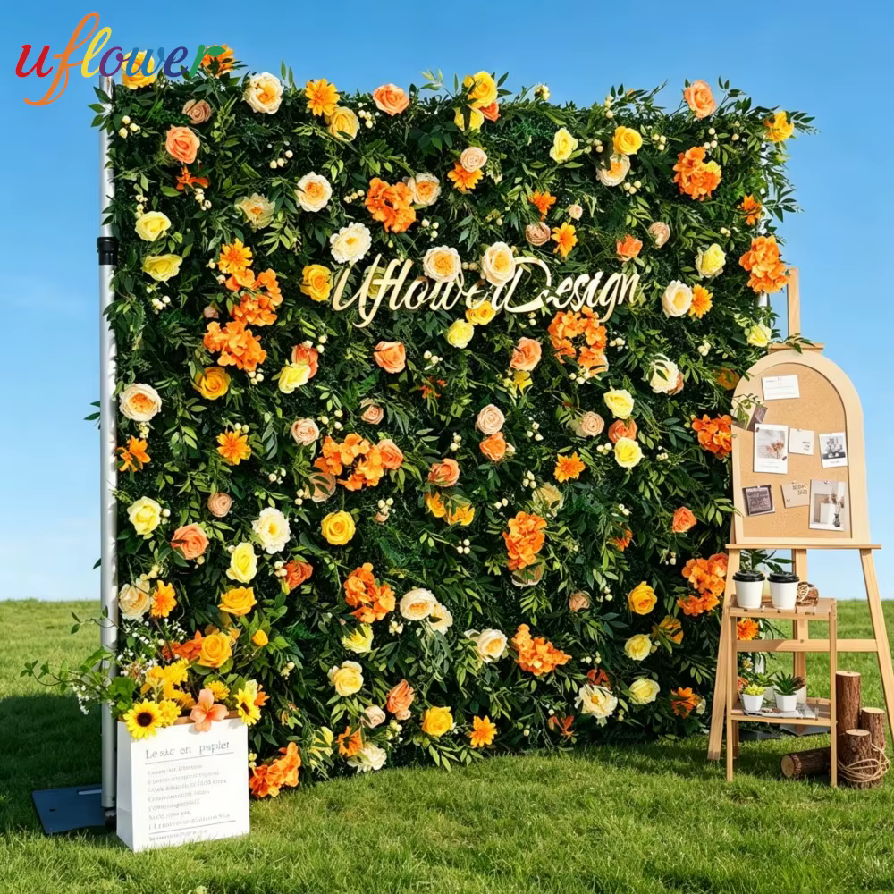 Mur de fleurs artificielles 5D en tissu avec roses orange et feuilles vertes pour décoration de mariage