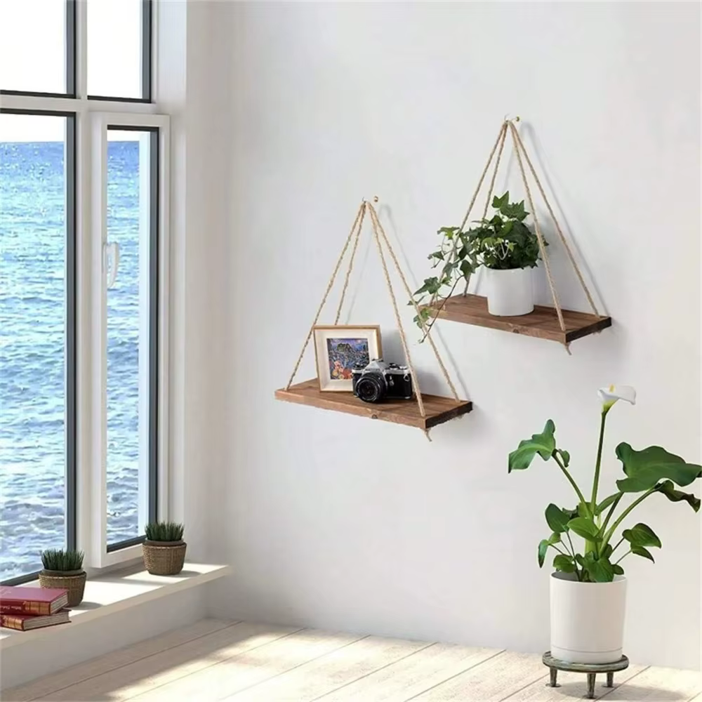 1pc Étagère murale suspendue en bois avec corde de chanvre