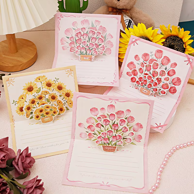 Pop-Up 3d tulipes Roses tournesols Bouquet carte de voeux