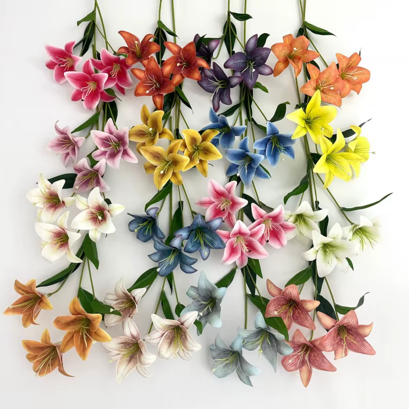 5PCS Branche de Fleur de Lys Artificielle Réaliste Imprimée en 3D Plante de Lys à 3 Têtes pour Décoration Florale de Mariage