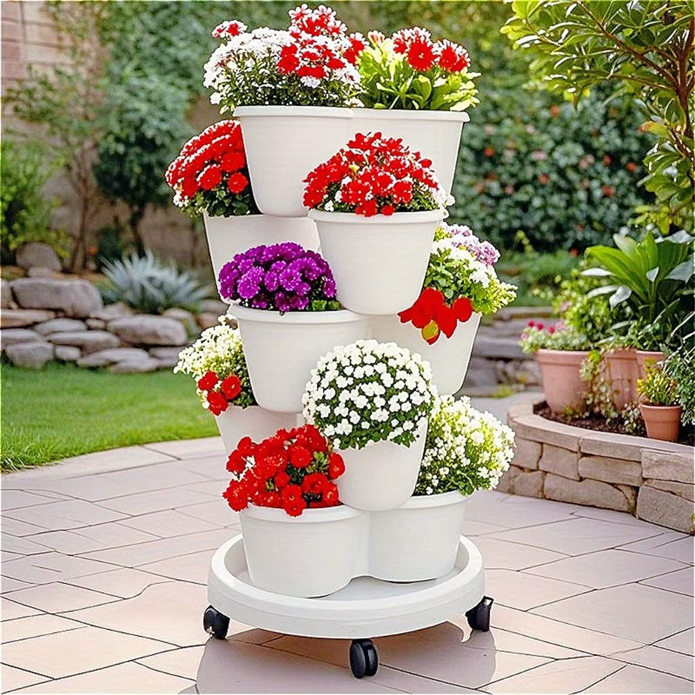 Nouveau pot de fleurs vertical empilable en plastique avec roulettes mobiles