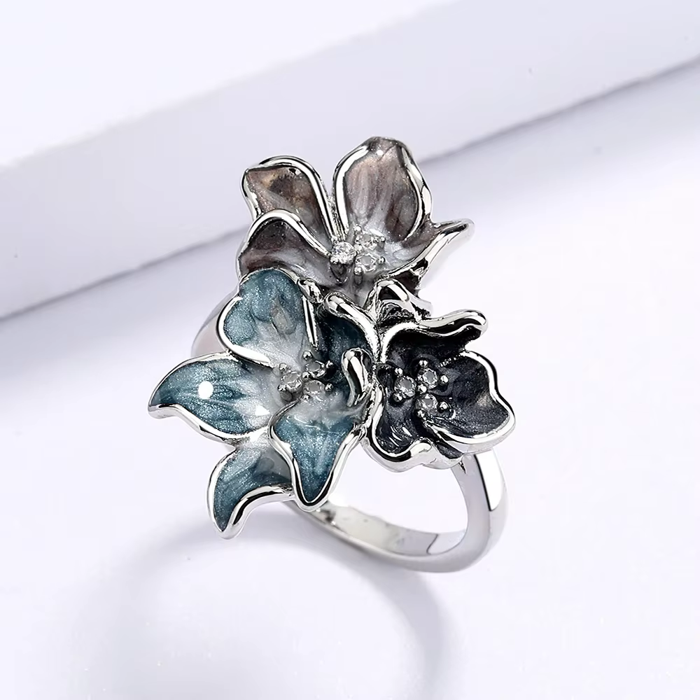 Bague en argent 925 pour femmes, anneau à fleurs Simple, couleur claire, bijoux époxy, émail fait à la main, bague de mariage pour femmes