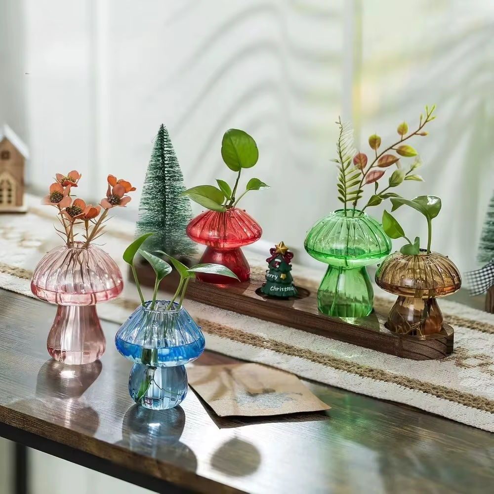 Vase de jardinière en verre de champignon avec Base en bois