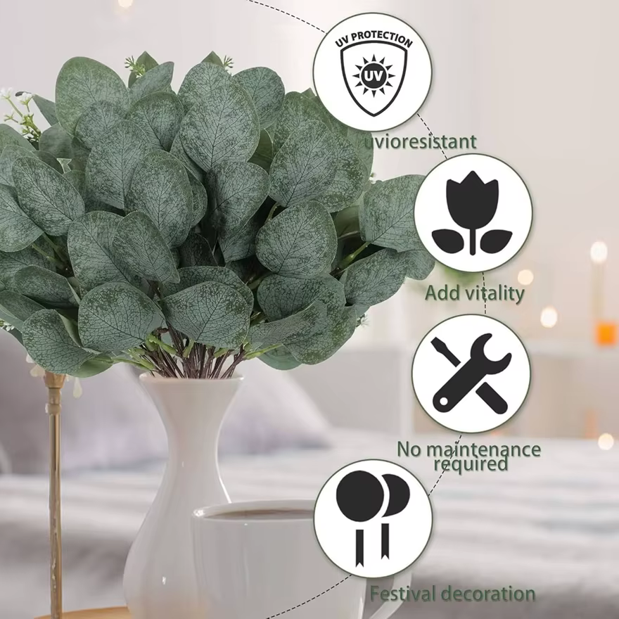 10Pcs Plantes Artificielles Soie Feuilles D'eucalyptus Bricolage Festival Vase Maison Scrapbook Fleurs Jardin Mariage Nuptiale Décoration De Fête