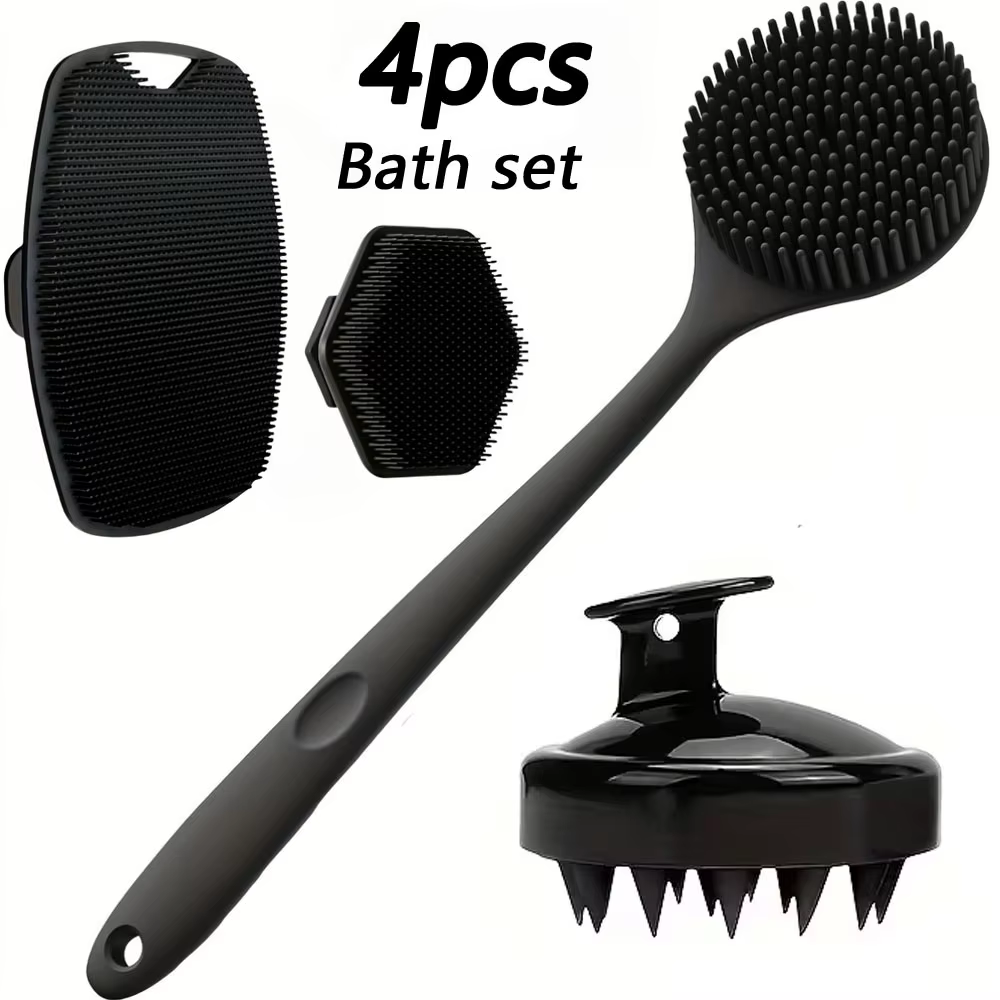 Un ensemble de brosses de bain quatre pièces qui peuvent être utilisées pour le massage du dos, du visage, du corps et de la tête.