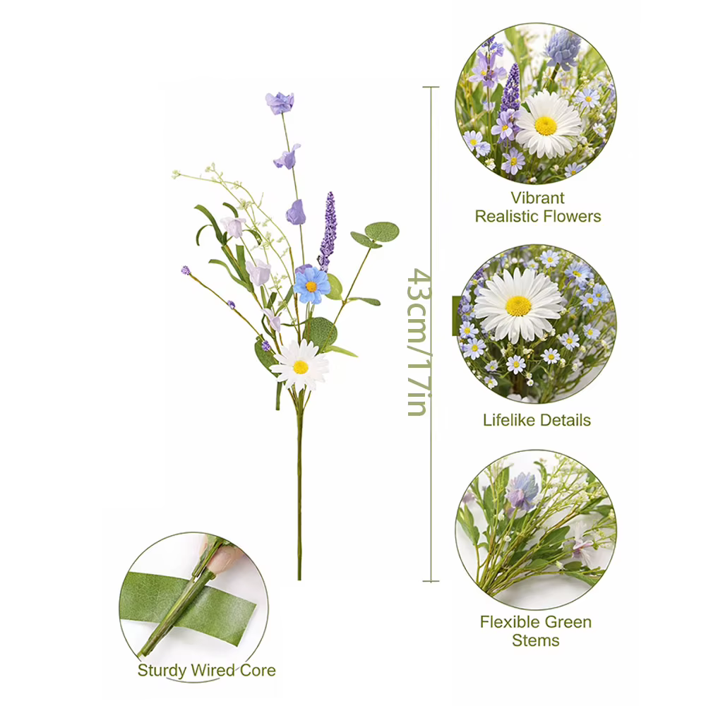 Fleurs artificielles de printemps rustiques bleues et blanches en soie