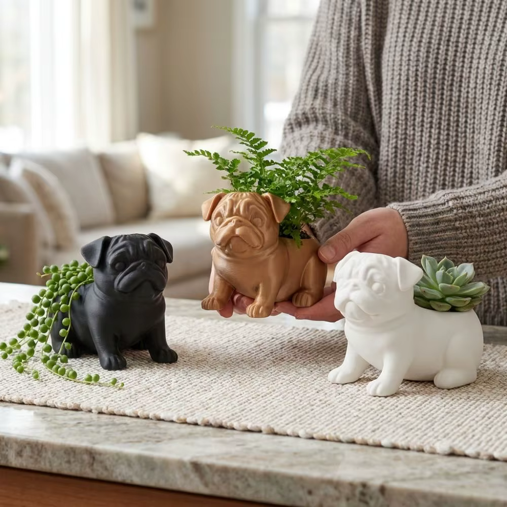 Pot de fleurs en forme de pug imprimé en 3D