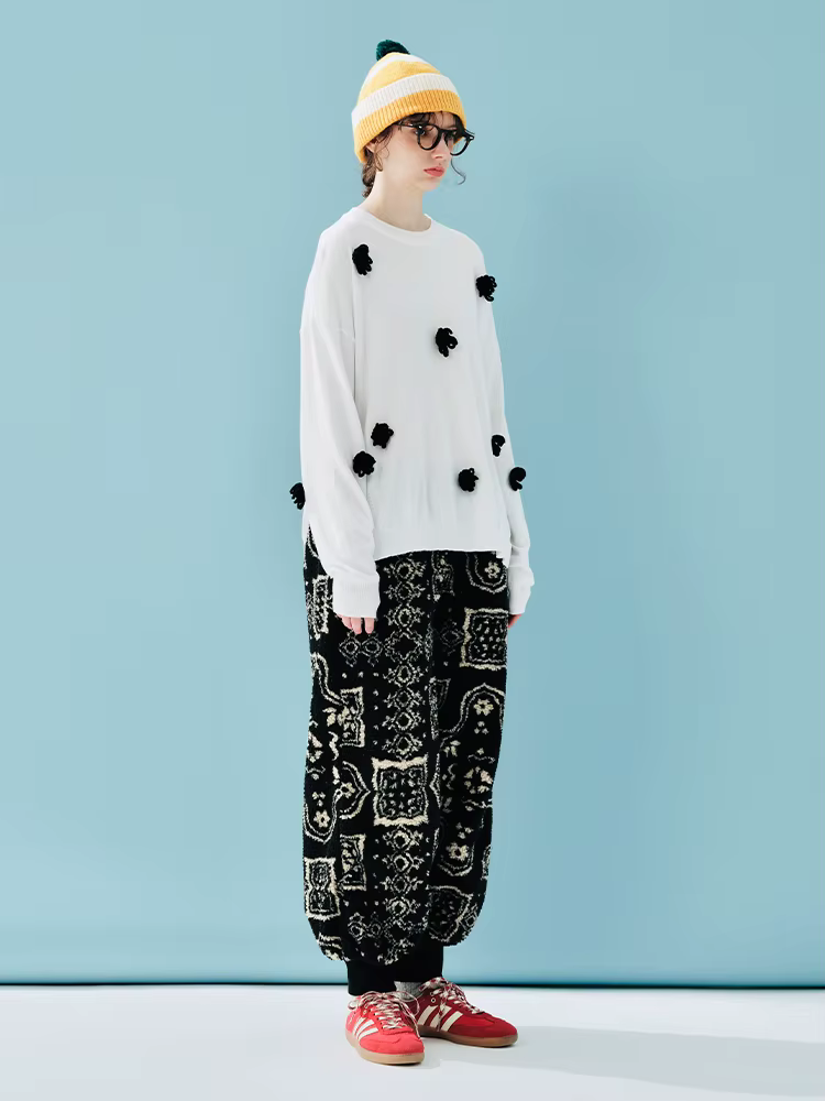 IMAKOKONI – pull blanc pour femmes, avec patchs de fleurs 3D, décontracté, amusant, mignon, ample, à la mode, automne et hiver 