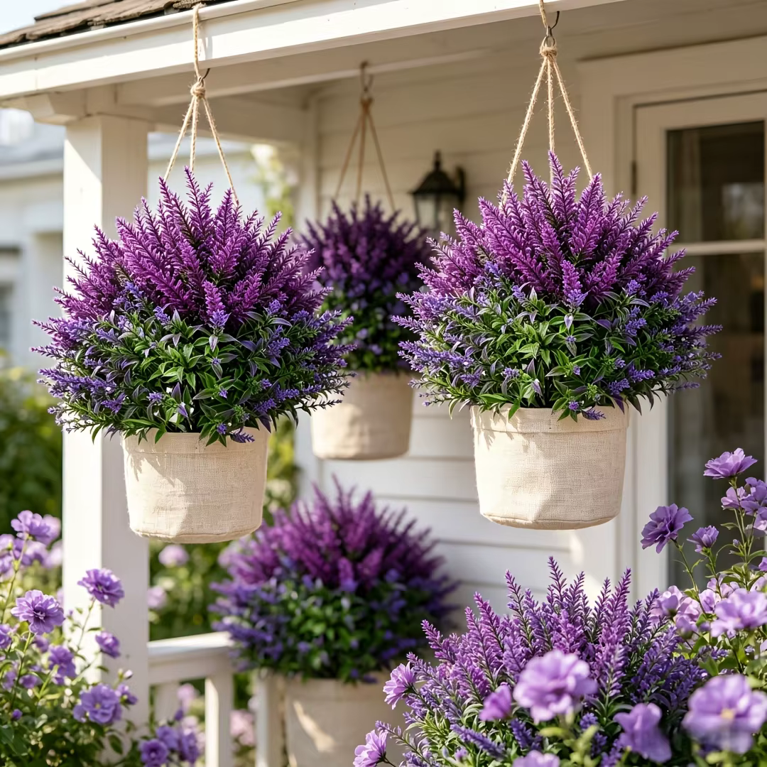 2/4 Pièces de lavande artificielle violette pour extérieur + combinaison d'épis de blé avec piquets de fixation au sol