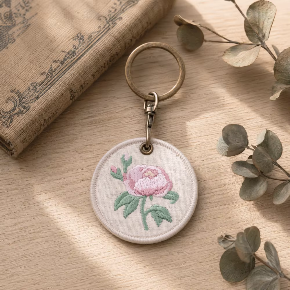 Porte-clés brodé de fleurs, créatif et tendance, rose blanche, rond, double face, avec pendentif clochettes de mai, pour couple