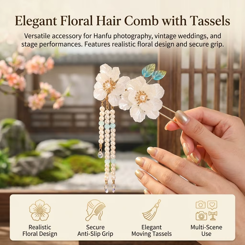 Accessoire de cheveux de mariée, style chinois vintage, épingle à cheveux à fleur blanche et pompon pour mariage, Hanfu, fête, coiffure quotidienne, cadeau