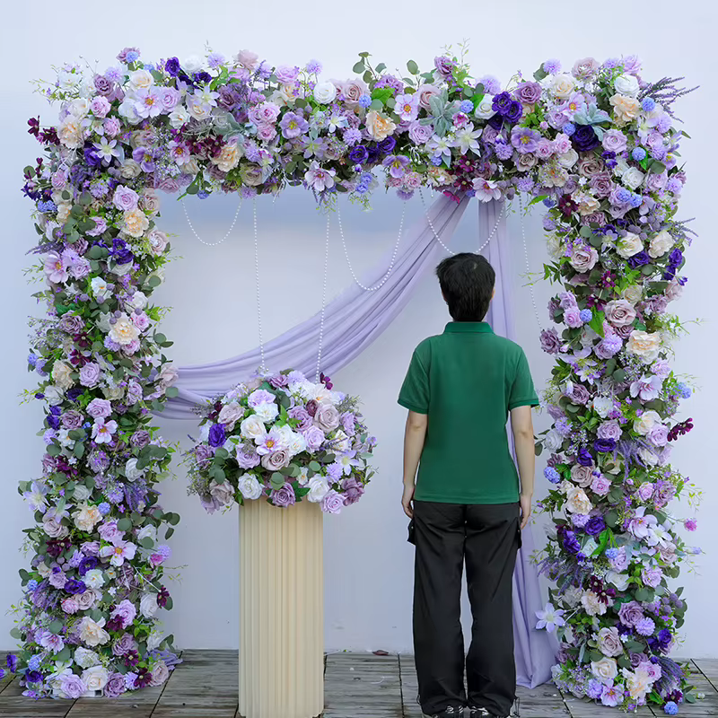 H865324 violet Rose verdure fleur rangée canapé coureur mariage toile de fond arc carré Arrangement Floral fête d'anniversaire Photo accessoires