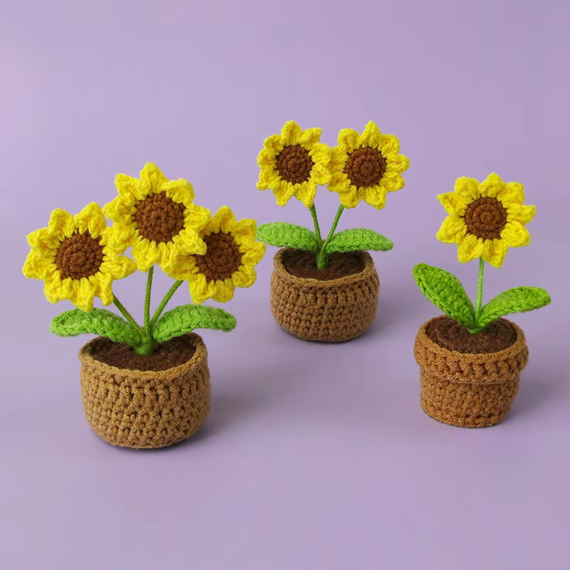 Kawaii Crochet tournesols tricot Pot de fleur Finnshed plante faite à la main voiture Table décor faux tournesol Flores