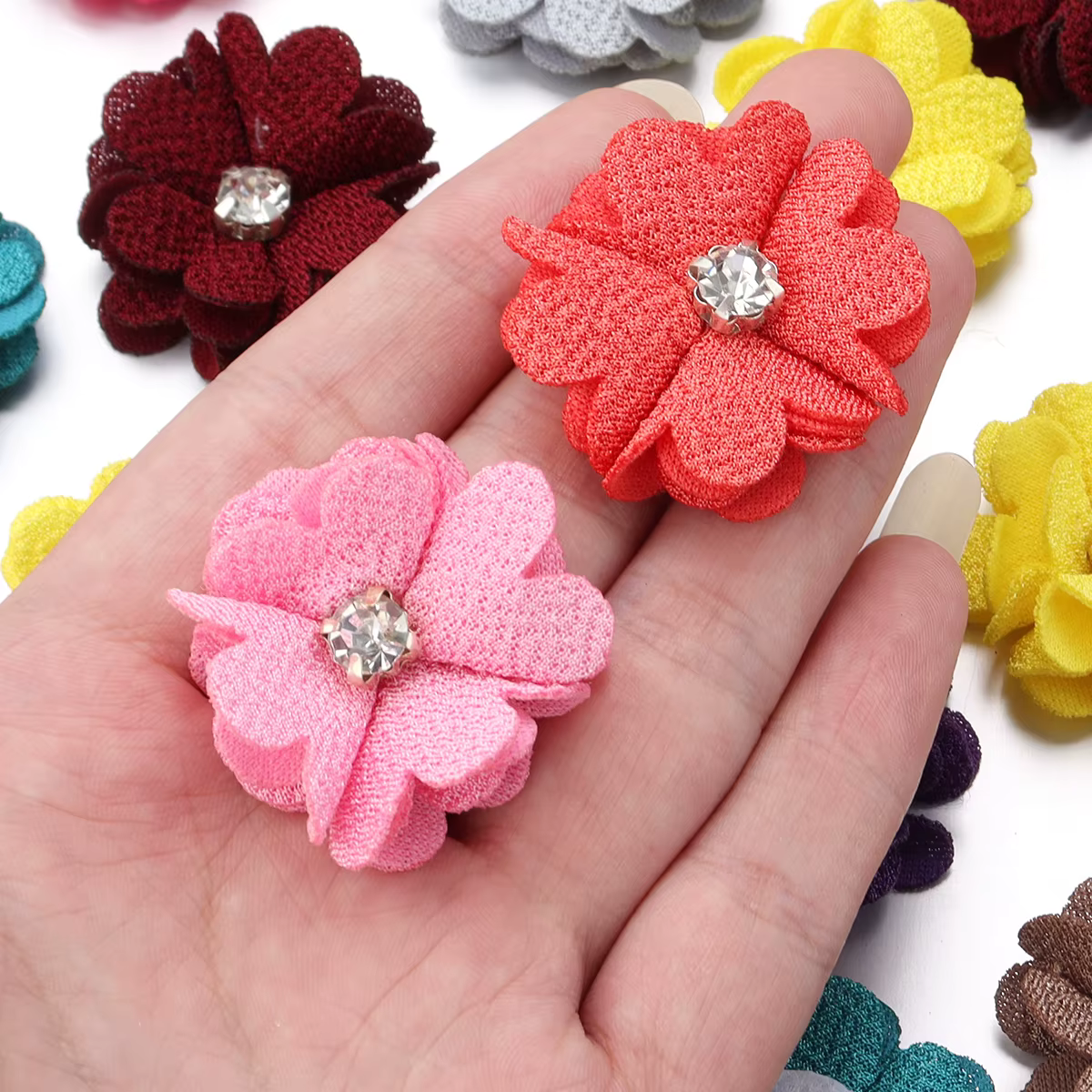 Fleurs en tissu toile de jute 3.5cm, 10 pièces/lot, fleurs artificielles centrées en strass pour bricolage, artisanat, accessoires pour vêtements, décoration de mariage