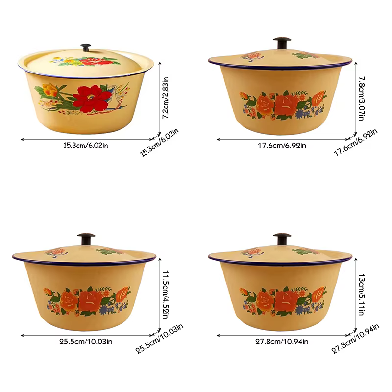 Pot de stockage des aliments, bassin en émail, récipients à gâteaux en émail Vintage classiques, bol avec couvercle, bol de service de soupe asiatique, Pot de saindoux jaune