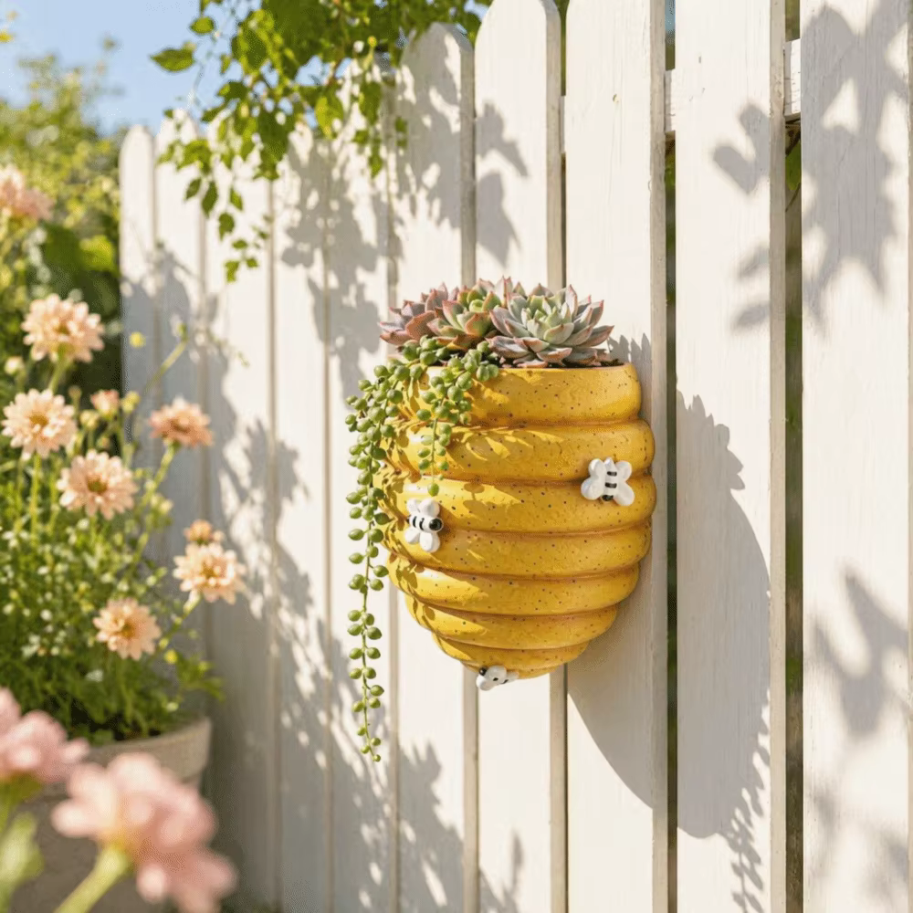 Pot de fleurs mural rustique en résine, motif abeille et nid d'abeille, style dessin animé, pour cour