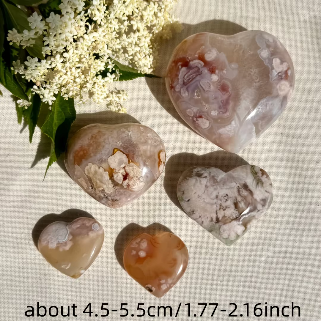 1 pièce de pierre de palmier en forme de cœur en agate fleurie, ornements quotidiens de couleur claire, cadeaux de vacances et d'anniversaire