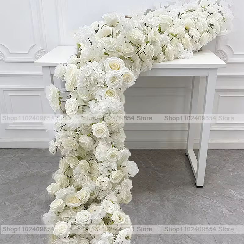 200/50cm Guirlande de fleurs artificielles de roses blanches de luxe pour centre de table de mariage