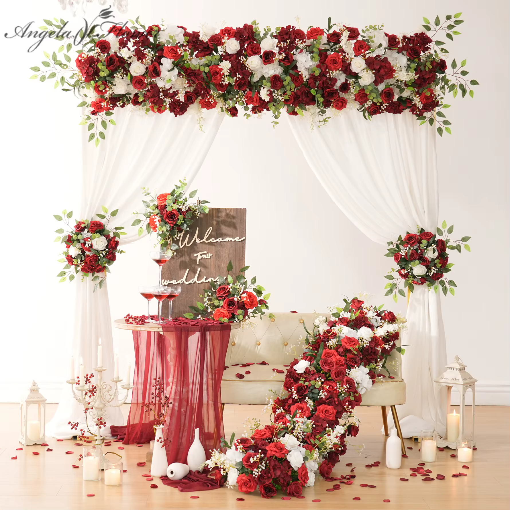 A7673 bordeaux Rose blanc bébé souffle verdure arc de mariage Arrangement Floral chemin de Table rideau décor fleur accessoires de fête