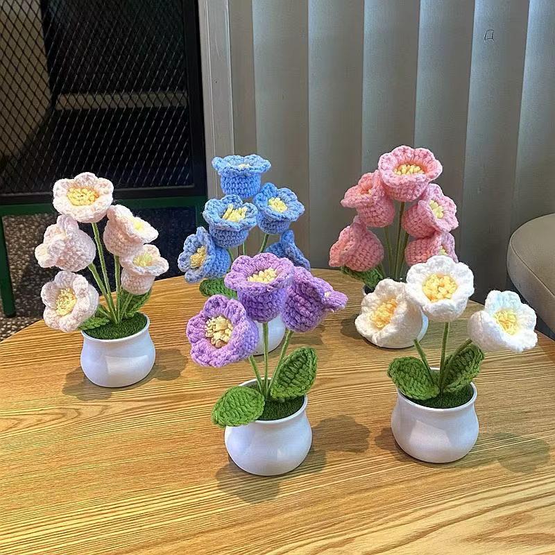 Bricolage Mini fleur de Rose en pot tissé à la main Flores artificielles bureau ornemental plante en pot fil de laine décor à la maison