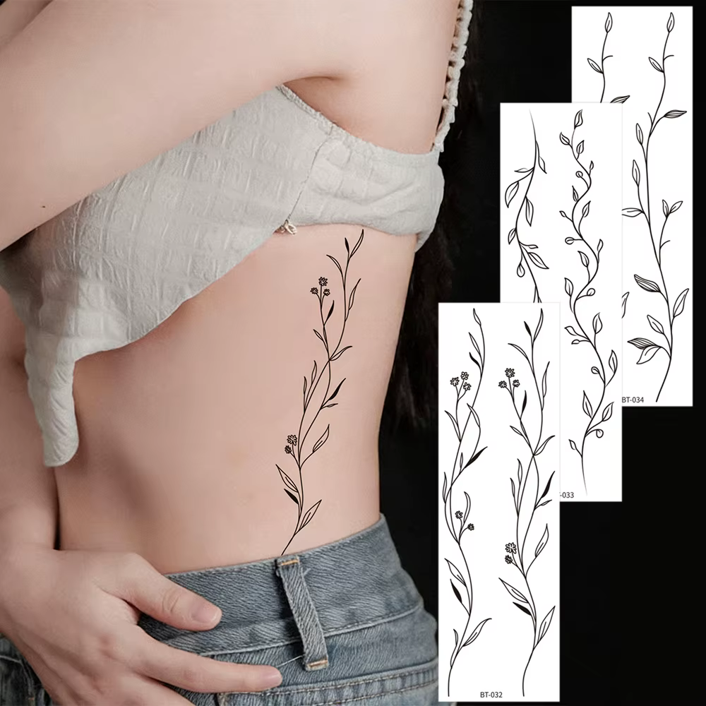 1 autocollant de tatouage temporaire noir motif fleur, plantes et fleurs, pour femmes, art corporel, imperméable, faux tatouage main