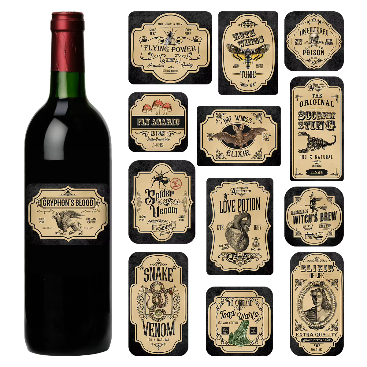 Étiquettes de Potion d'apothicaire d'halloween, 12/13 pièces, pour pot de bouteille, autocollants de bouteille de vin d'apothicaire Vintage, décorations de fête d'halloween