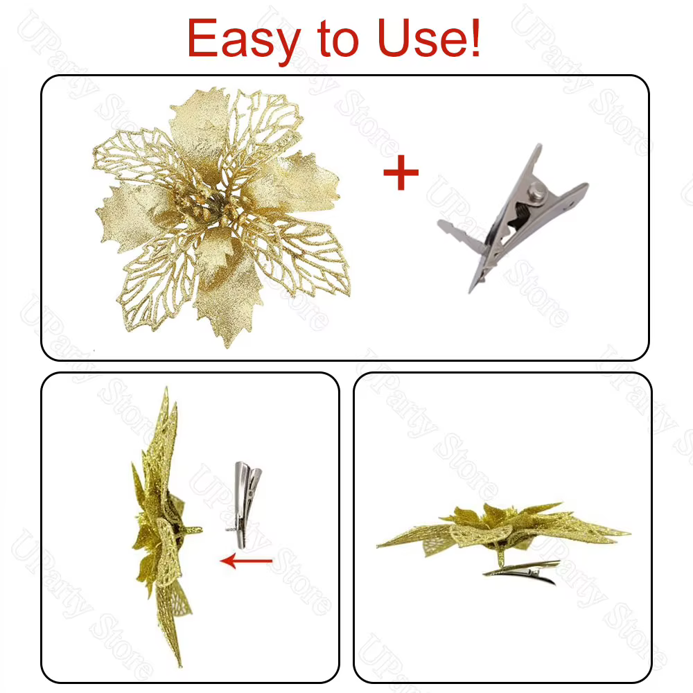 12 pièces Poinsettia fleurs de noël avec Clips paillettes or