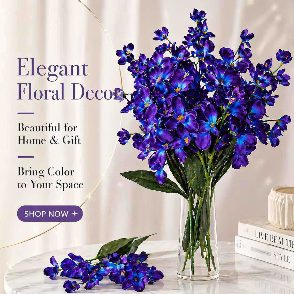 5 pièces de fleurs d'orchidées artificielles violettes et bleues de 27 pouces pour bouquet de mariage