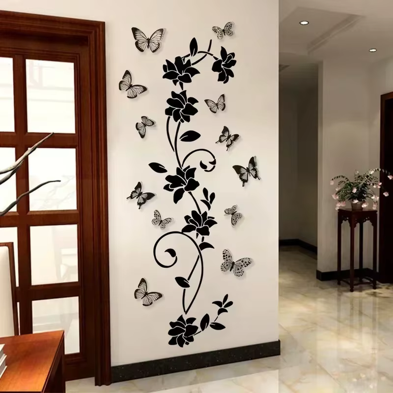 Autocollant mural 3D papillon et fleurs noires