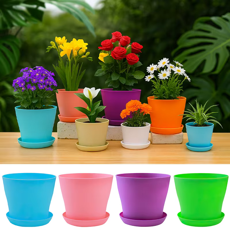 5 tailles de pots à fleurs en plastique ronds pour plantes succulentes avec plateau