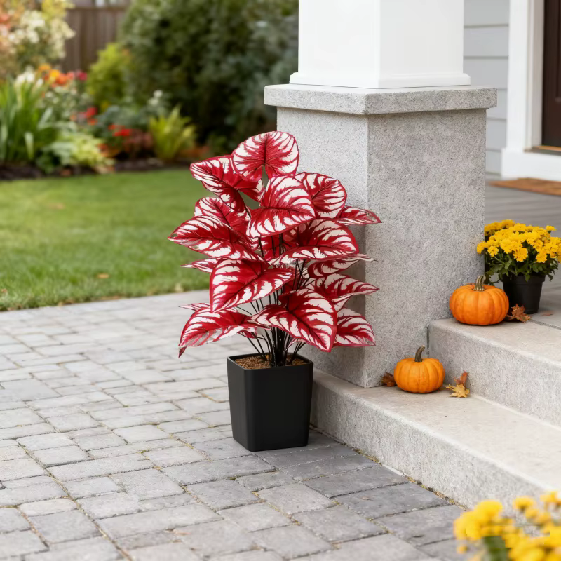 1 pièce de plante artificielle à feuilles rouges et rayures blanches pour extérieur et intérieur