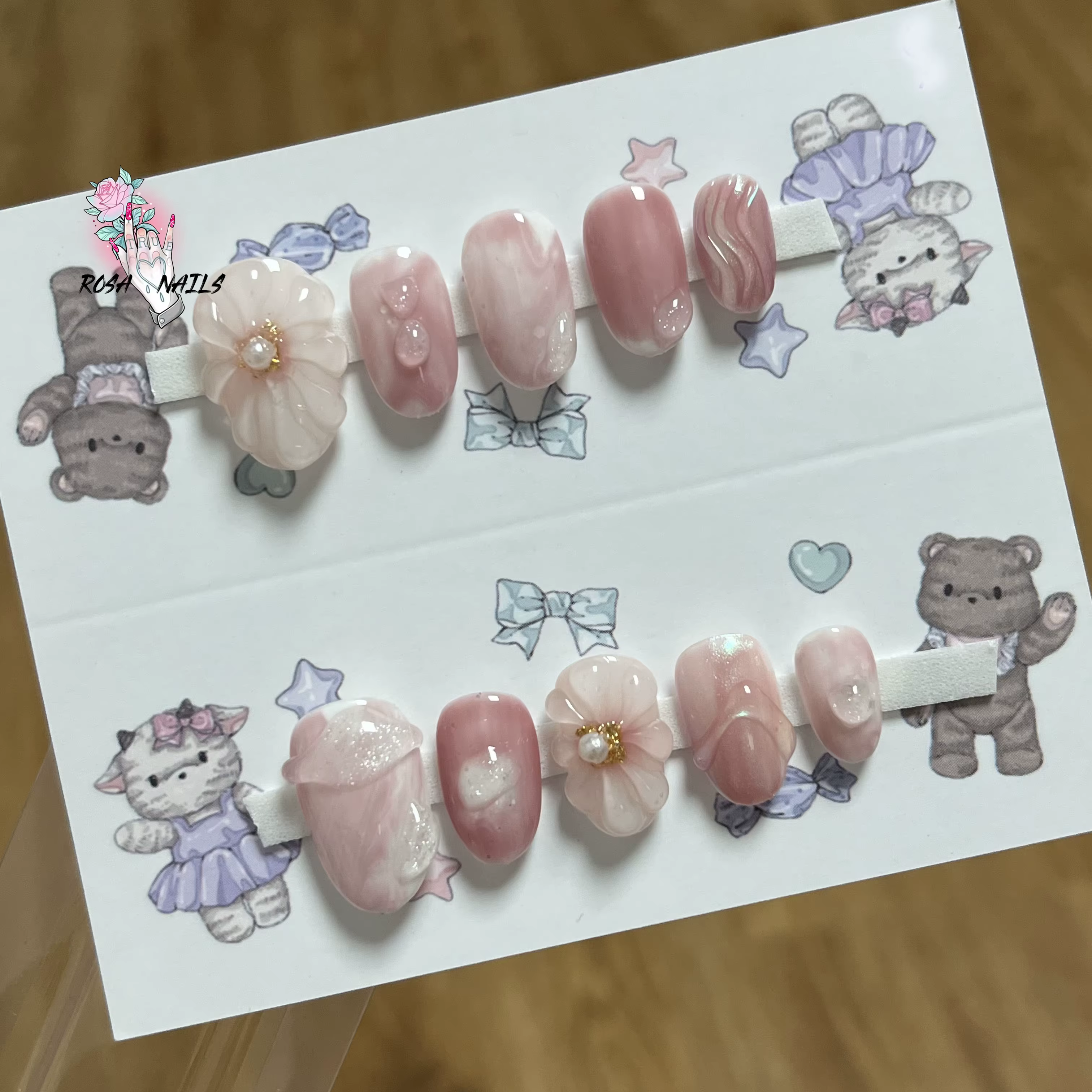 Faux Ongles Courts Roses, Vente en Gros, Ongles Artificiels, Amande, 3D, Conception Florale, Pointes Artistiques, Presse Faite à la Main, N64.