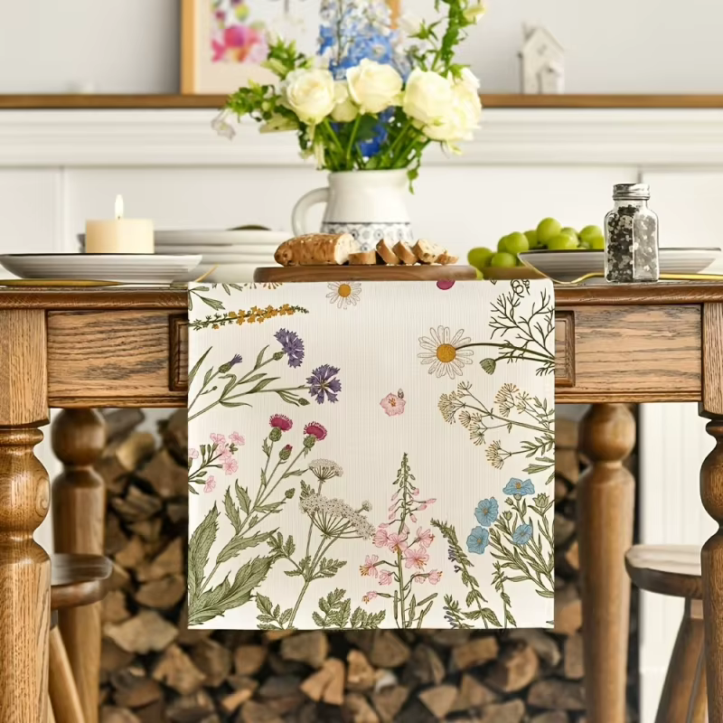 Chemin de table en polyester et lin à motifs de fleurs sauvages