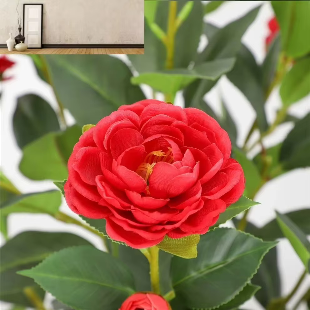 Arbre de camélia artificiel simulé en soie rouge | Décorations de fenêtre de jardin et de magasin de maison de vacances