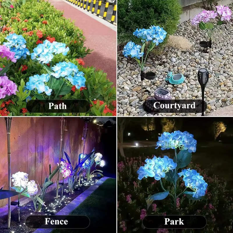 Lampe solaire de jardin à 3 têtes d'hortensias