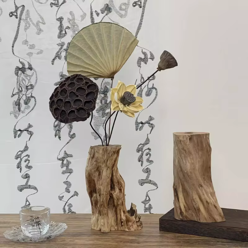 Vase de fleurs séchées en bois massif zen rétro chinois