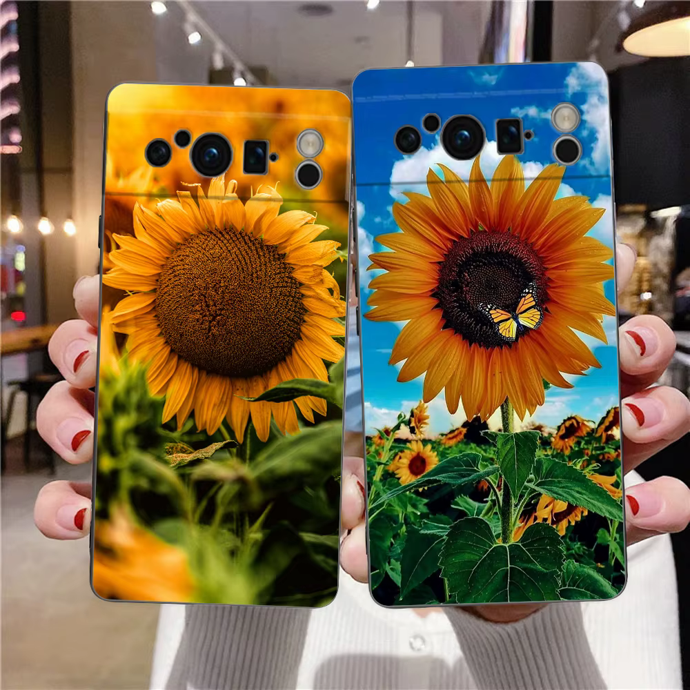 Belle coque de téléphone tournesol jaune pour Google Pixel 9 8 9A 8A 7 7A 6 Pro XL 6A 5G, dos souple noir, couverture de luxe en TPU