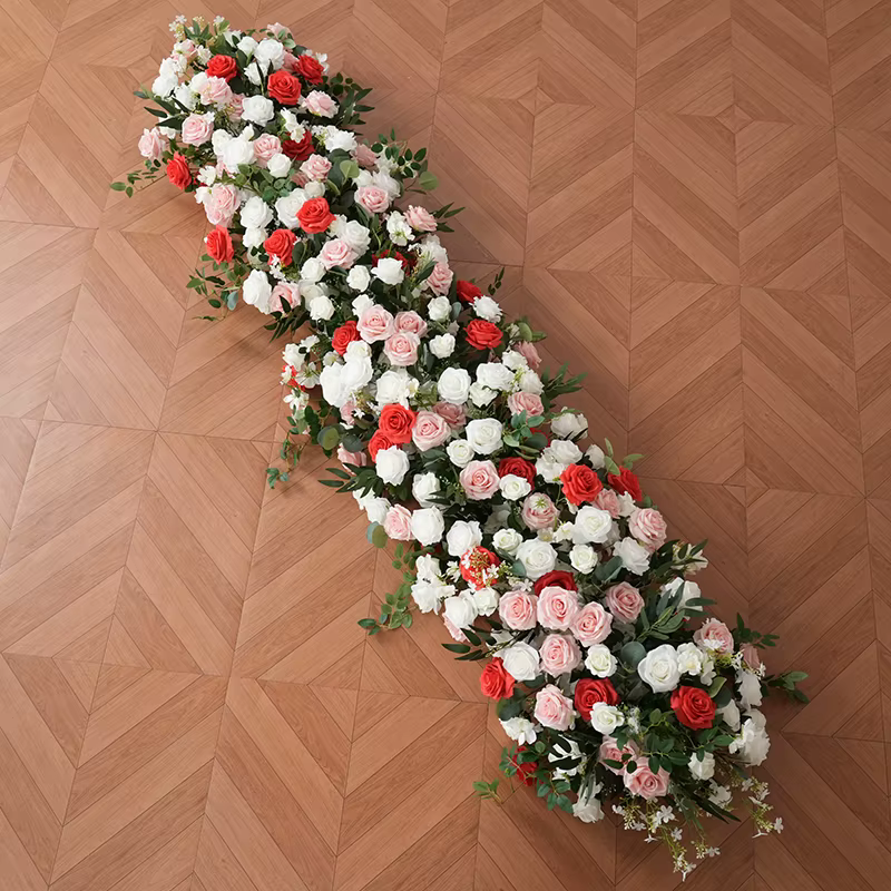 A8889 Haricots bordeaux ​ Décor de rangée de fleurs vertes roses