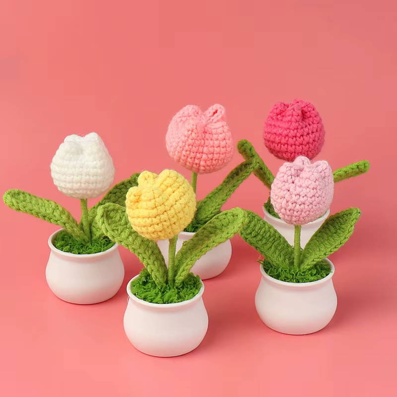 Tulipes Crochet fleur en pot créatif tissé Rose fleurs fini tricoté plante tulipanes Tejidos