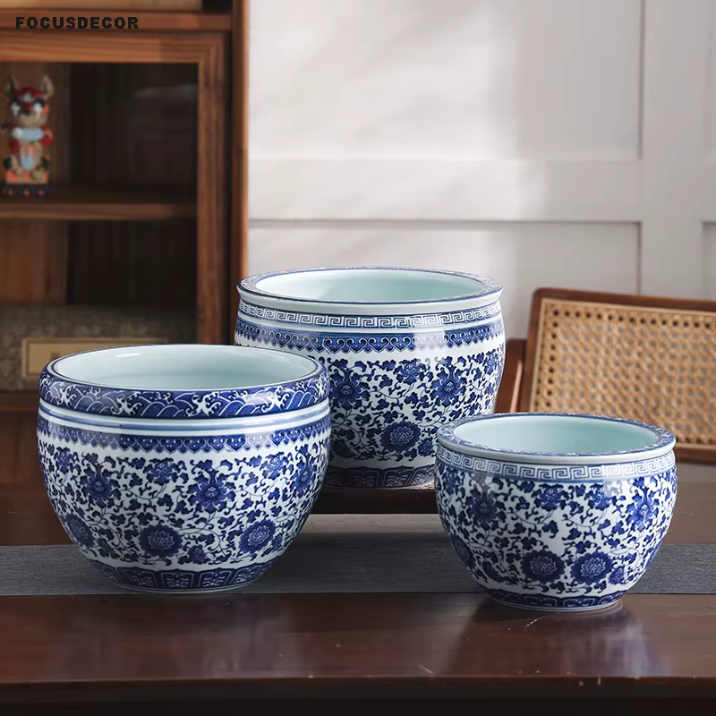 Jingdezhen Pot de fleur en porcelaine bleue et blanche haute température Pot